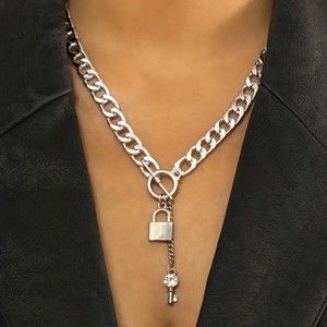Women's Silver Lock and Key Chain Necklace Fashion Jewelry